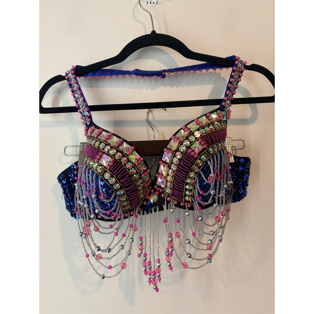 Festival Rave Bra Top 38C Beaded Fringe Rhinestone Sequin EDM Costume Pink Blue